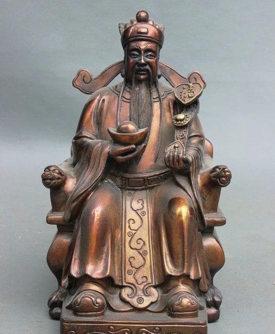 

8" China Bronze Wealth Mammon God Hold RuYi YuanBao Sit Dragon Chair Statue