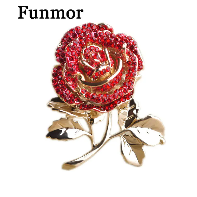 

Crystal Flower Rose Brooches For Women Classic Mujer Rosa Broche Gold-color Leaf Jewelry Red Love Bijoux Mother's Day Gifts