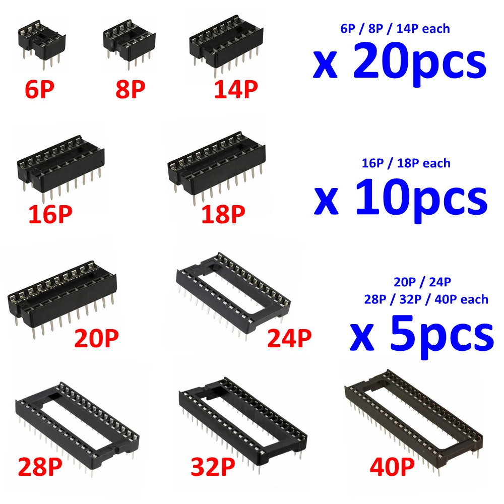 

PHISCALE 105pcs IC socket 10 values dip 6P 8P 14P 16P 18P 20P 24P 28P 32P 40P adaptor solder type socket kit for ICs