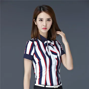 

Plus Size 4XL Chiffon Blouses & Shirts Ladies Office Work Wear Summer Short Sleeve Tops Beauty Salon Clothes Fashion Striped