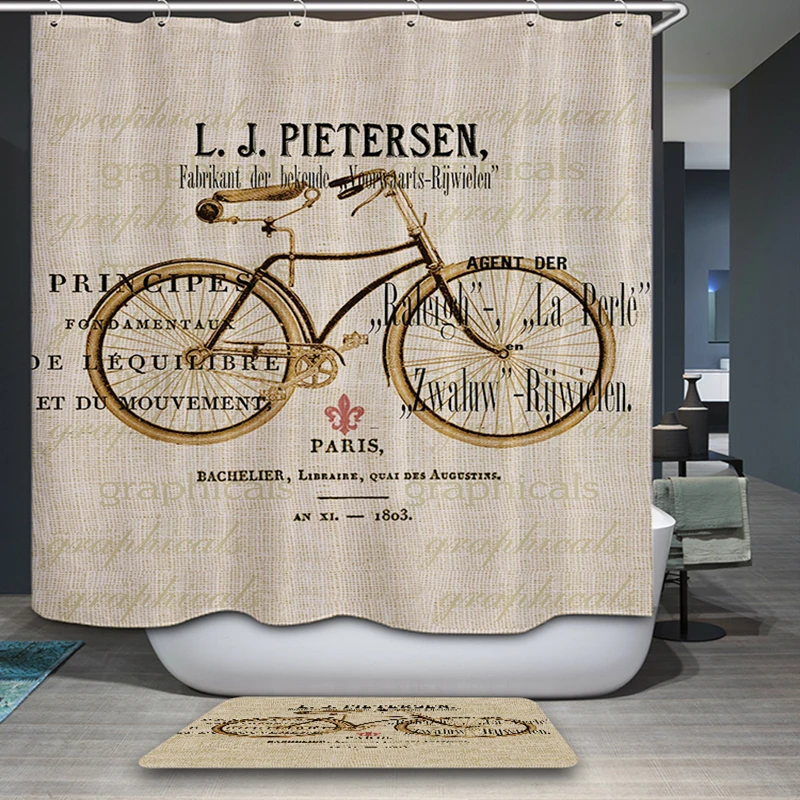 

Cartoon Retro Bicycle Eco-friendly 3D Shower Curtain Thicken Polyester Fabric Waterproof Bath Curtain for Bathroom With Hooks
