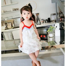 Летнее платье для девочек платье на бретелях для малышей Детское пляжное платье Детское праздничное платье принцессы для малышей, vestidos, белое, красное, перо, для детей от 2 до 7 лет