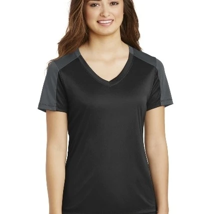 Sport-Tek LST354 Ladies PosiCharge CompetitorSleeve-Blocked V-Neck Tee Black & Iron Grey - 2XL (1)