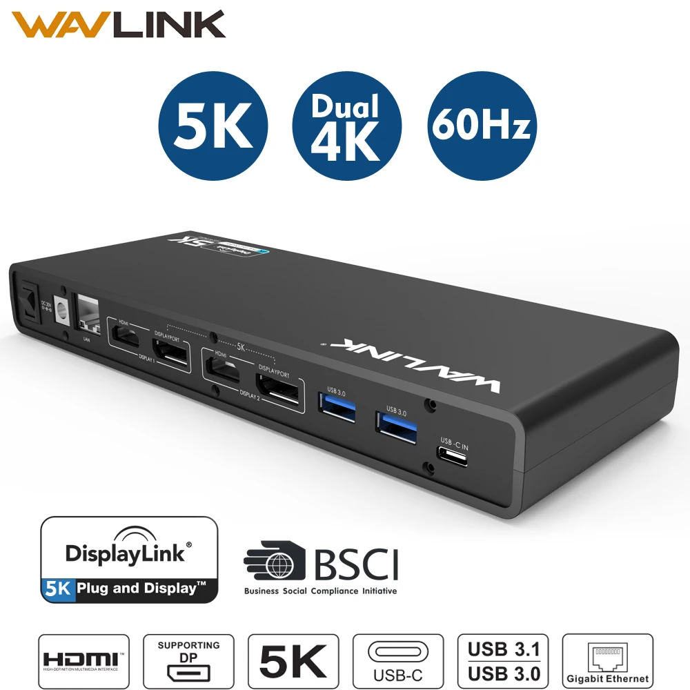 Estación de acoplamiento para portátil Wavlink Universal 5 K USB-C pantalla Dual 4 K USB 3,0 vídeo Gigabit Ethernet con HDMI/Displayport para Mac OS - 1