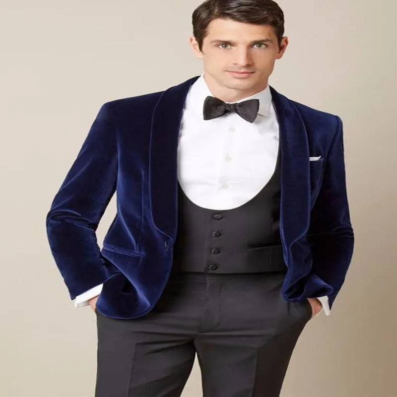 Новейший дизайн темно-синий бархатный блейзер серые брюки смокинги для жениха Модные мужские свадебные костюмы(пиджак+ брюки+ жилет+ Бант) костюм Homme - Цвет: navy blue