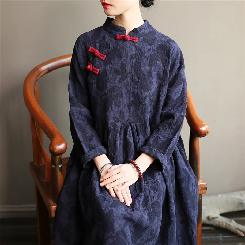 Новинка осени, женское китайское платье, винтажное хлопковое льняное платье с длинным рукавом и пуговицами, жаккардовые Свободные повседневные платья