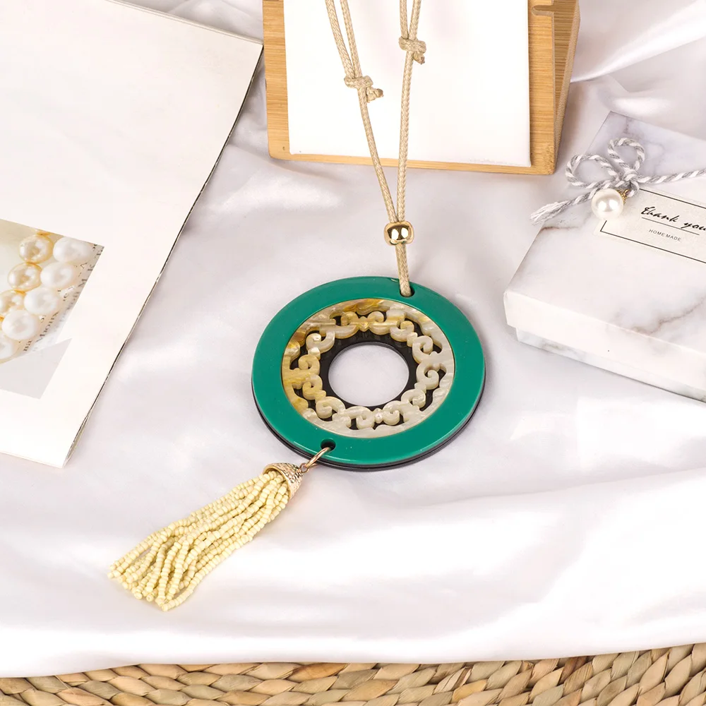 Vintage Bohemian Acrylic Pendant Tassel Necklaces Women Long Rope Chains Big Circle Geometric Resin Necklace Fashion Jewelry (3)