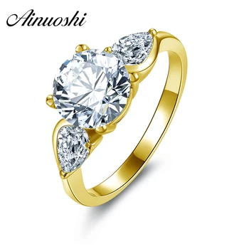 

AINUOSHI Luxury 3 Stone Round Ring 14K Solid Yellow Gold Band Brilliant Pear Cut Simulated Diamond Engagement Women Wedding Ring