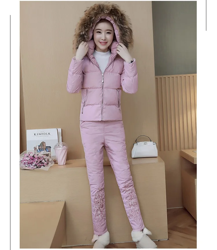Зимний хлопковый костюм женский новый модный короткий утепленный жакет Женская вышивка большой размер высокого качества два комплекта
