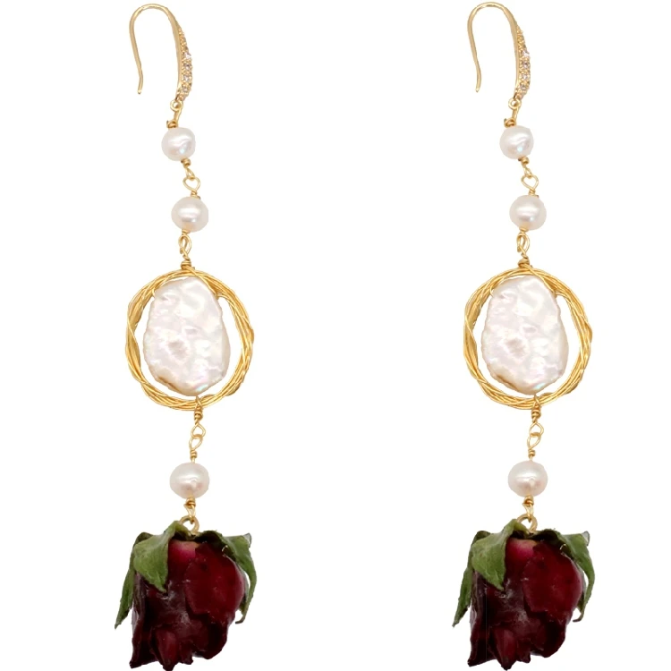 

2019 new original red rose eternal flower petals long earrings