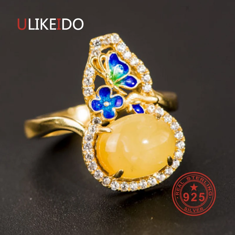 

100% Pure 925 Sterling Silver Jewelry Amber Gourd Rings Adjustable Ethnic Ring For Women Party Gift R2018