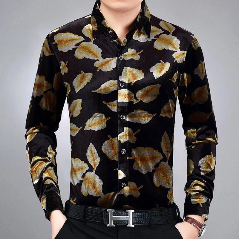 Top quality Fashion Mens Silk Shirts Men Casual Long Sleeve Print Slim
