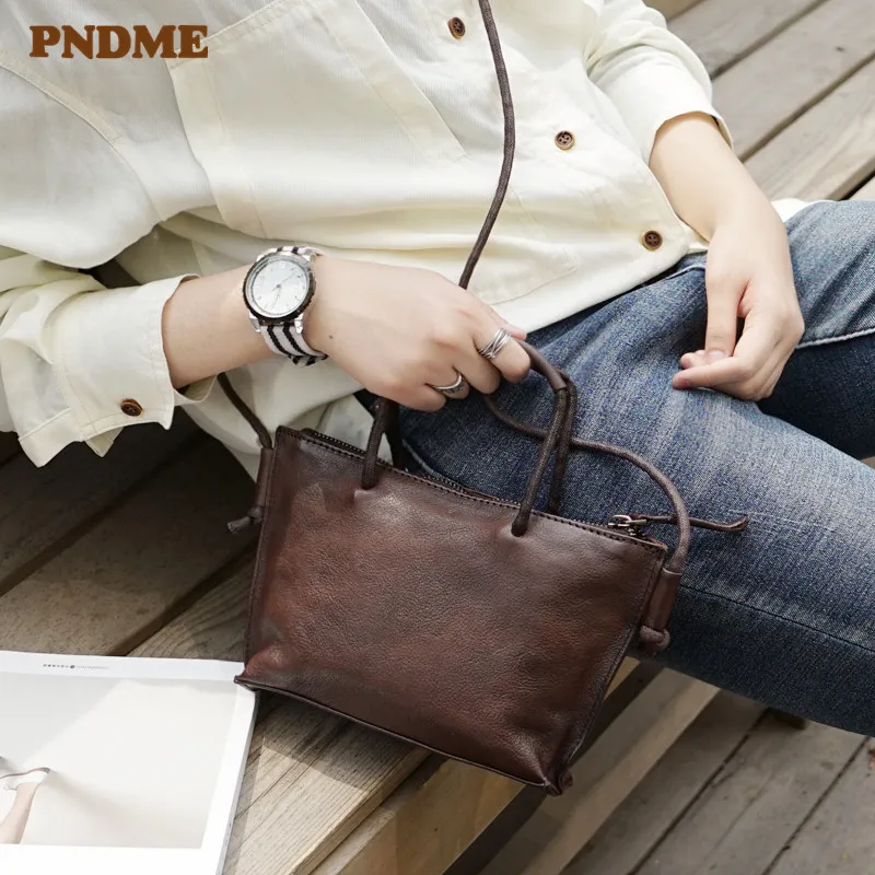 

PNDME genuine leather retro small cute ladies handbag female handmade cowhide designer women's coffee shoulder crossbody bags