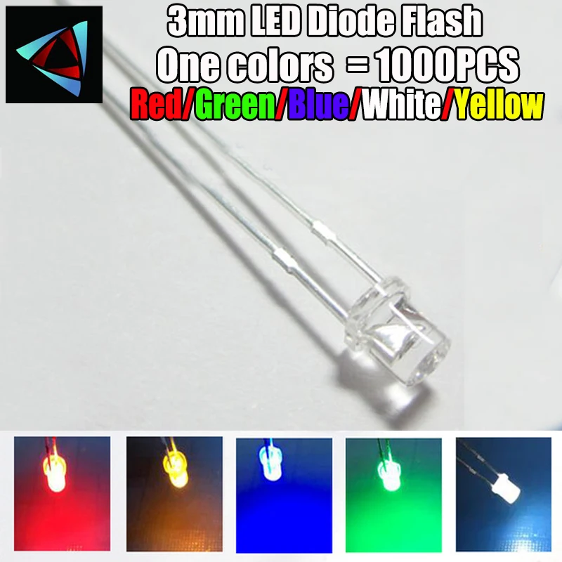 

3mm Flat Top LED Diode White RED Blue Green Yellow 2 Pins Clear Light Emitting Diodes