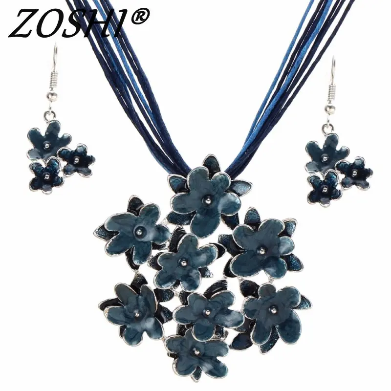 

Fashion Jewelry Sets Silver Flower Necklaces & Pendats Multilayer Leather Statement Necklace Drop Earrings Sets Women Jewelry