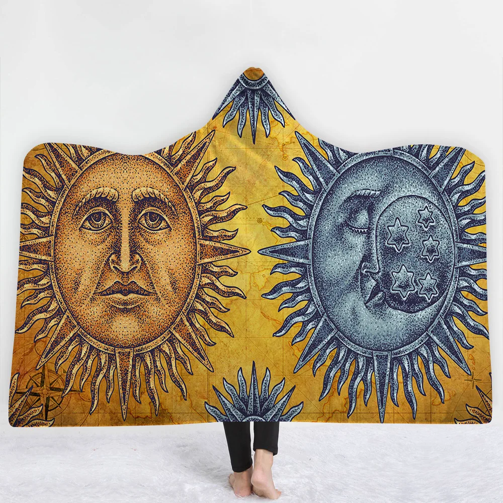 

Religion Moon Sun Mandala Printed Hooded Blanket for Adults Kids Warm Wearable Fleece Woman Throw Blanket Microfiber on The Sofa
