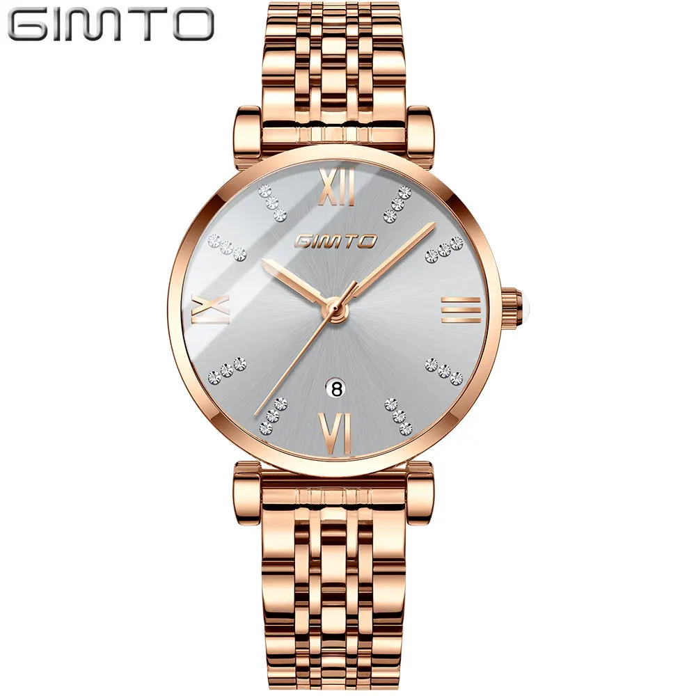 GIMTO розового золота роскошный кристалл женские часы Сталь браслет кварцевые наручные часы Дата леди смотреть женский relogio feminino