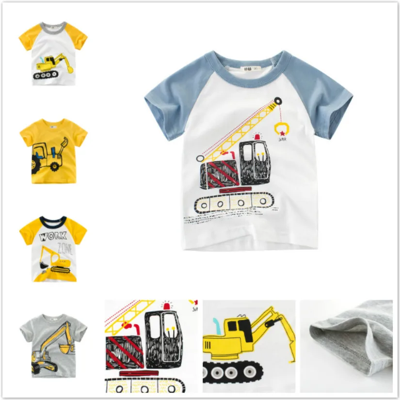 

New Summer Cartoon Excavator Crane Print Children Short Sleeve T Shirts Baby Boys Clothes Cotton Girls Tees Kids Top 1-10 Years