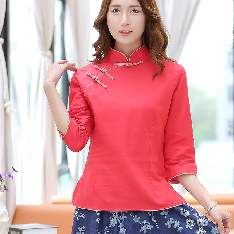 Плюс размер 3XL Китайская традиционная Женская хлопковая льняная рубашка блузка женские винтажные Топы Восточный костюм Hanfu шоу одежда