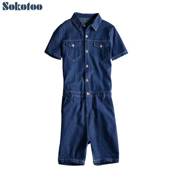 

Sokotoo Men's short sleeve slim denim jumpsuits Casual black blue shorts Youth jeans