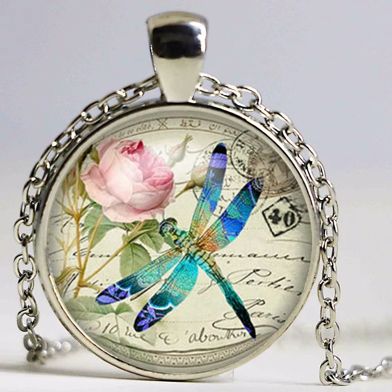Free shipping Blue Dragonfly with Rose Glass pendant Dragonfly Necklace Dragonfly jewelry Colar birthday gift for Best Friends