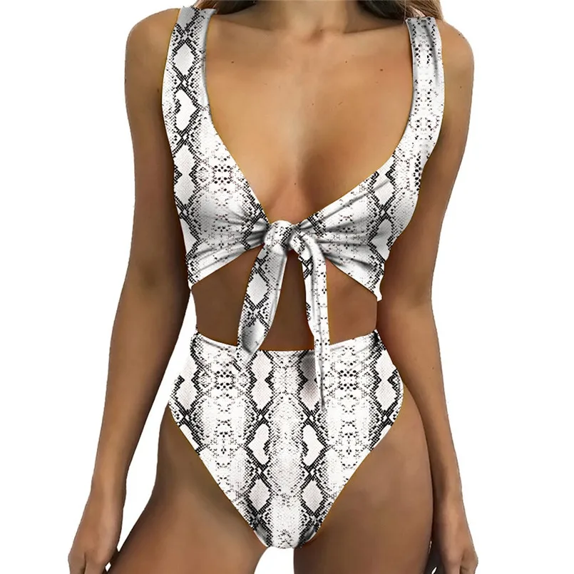 

sexy women Snake print bodysuit with foliage off shoulder backless Push up Padded Bra bearwear Swimwear Set 40mr15