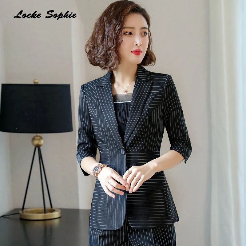 1pcs Women Plus size Blazers coats 2019 Summer cotton Single button stripe Small Suits jackets ladies Skinny Blazers Suits coats