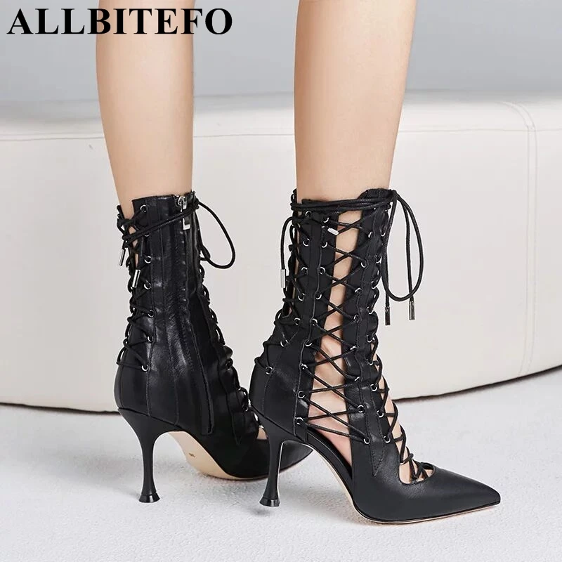 

ALLBITEFO 2019 new fashion Microfiber Spring Summer high heel sandals cross-tied sexy girls party shoes women ankle sandals