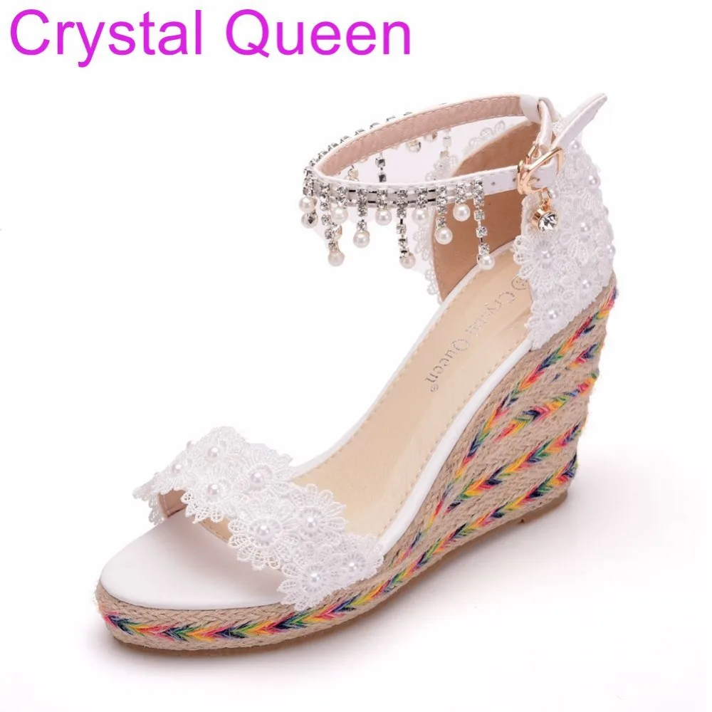 

Crystal Queen 9cm Peep Toe Platform Wedges High Heel Sandals White Lace Wedges Sandals Platform Sandals Shoes Plus Size 33-42
