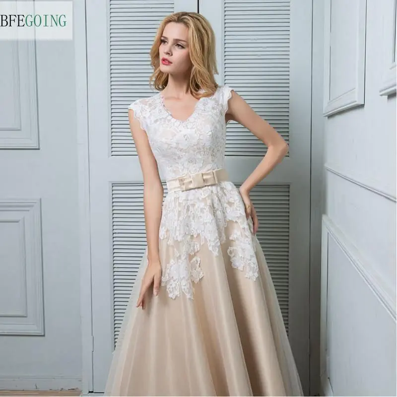 Champagne AnkleLength VNeck Lace Satin Tulle ALine Wedding Dress