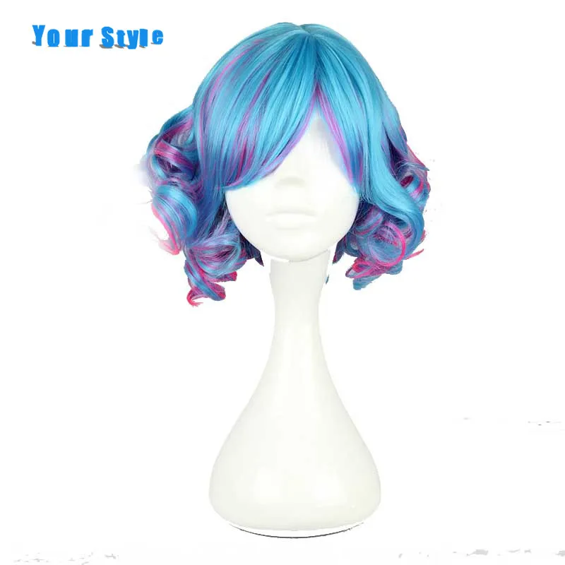

Your Style Short Wavy Cosplay Wigs Women Blue Pink Ombre Rainbow Hair Synthetic High Temperature Fiber