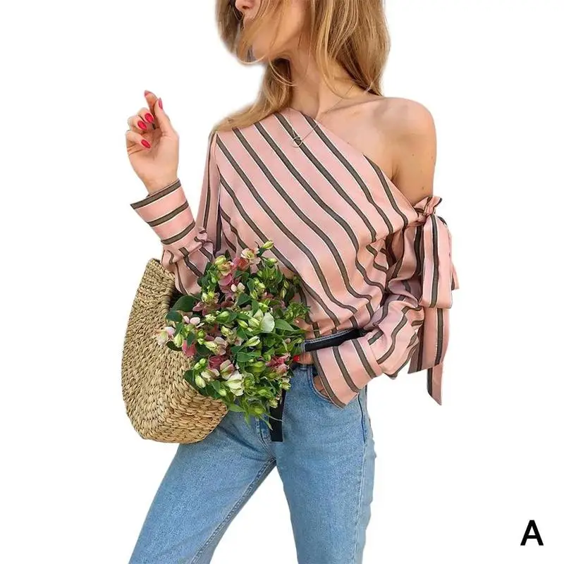 

Slanted Shoulder Strap Striped Fashion Shirt Female One Shoulder Long Sleeve Pullover Bow Casual Elegant Office Chiffon Blouse