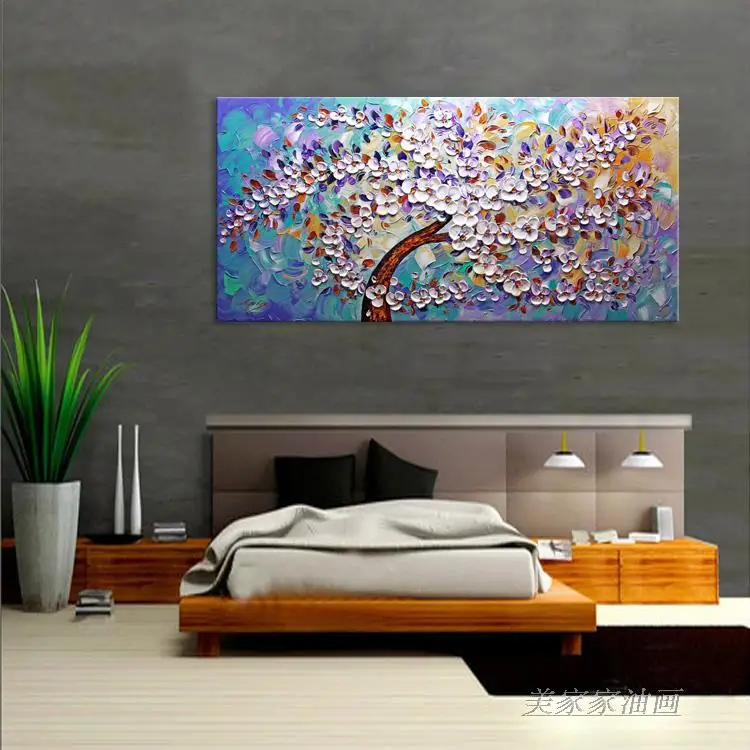

Hand painted thick knife oil painting white bule flower modern home decor abstract wall art picture for living room on canvas