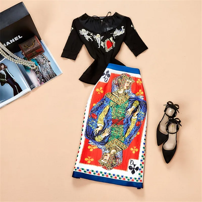 

2018 Euramerican Spring Summer Nwe Fashion Poker Angle Pattern Embroidery Polyester Short Sleeve High Street 2 Pieces Skirt Set