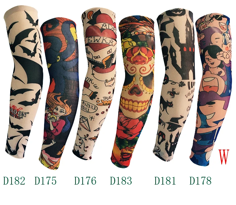 

50 pcs / lot New 200 kinds of styles Nylon Stretchy Fake Tattoo anti-UV basketball sports Arm Sleeves warmer manguito Stockings