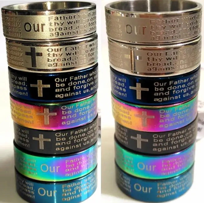 

50pcs English Lord's Prayer Stainless Steel Father Prayer Rings Bible Cross Faith Wedding Ring Lovers Gift Religious Accessories