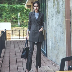 Korean New Women Stripes Double Long Split Trumpet Trousers Jacket Pant Two Pcs Set Women Thicken Material Warm Femme Suit Korean New Women Stripes Double Long Split Trumpet Trousers Jacket Pant Two Pcs Set Women Thicken Material Warm Femme Suit