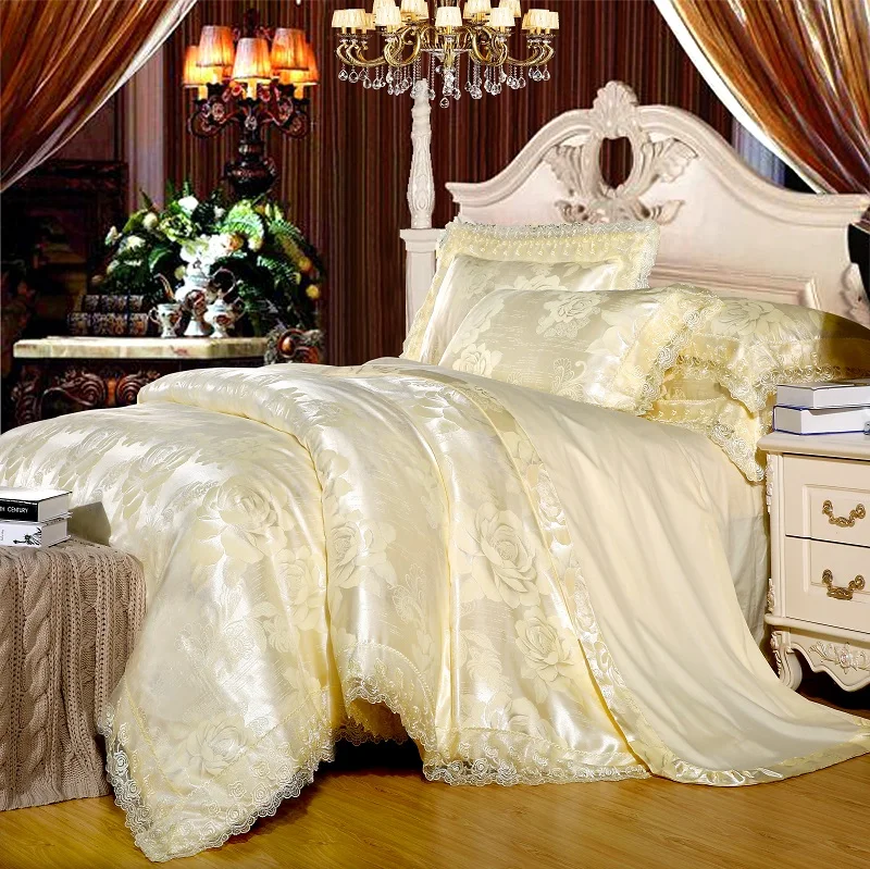 Роскошный сатиновый жаккардовый Комплект постельного белья queen/king size, Комплект постельного белья золотого и серебряного цвета, 4 шт., хлопковый Шелковый кружевной пододеяльник, Комплект постельного белья