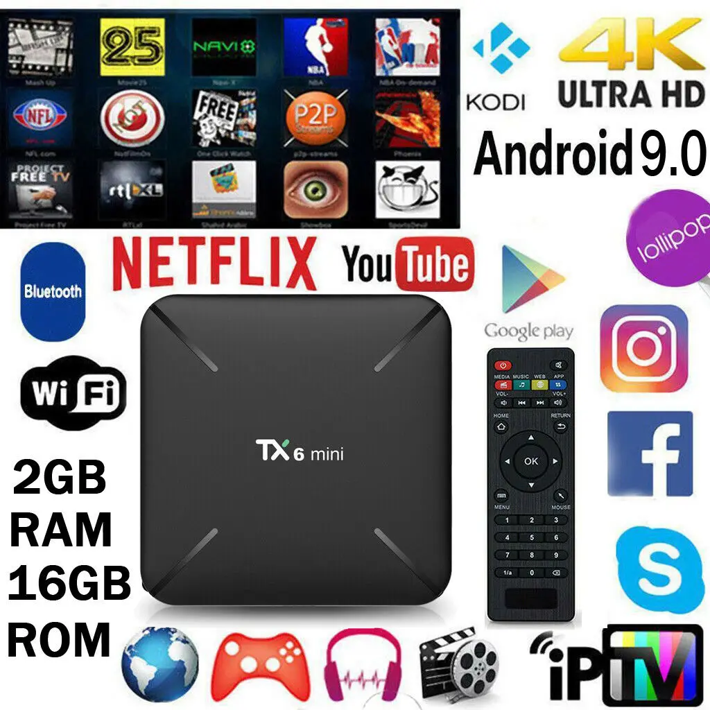 

2019 6K TX6 Mini Android 9.0 Quad Core 2+16GB Smart TV Box WIFI USB H.265 Media Set Top Box HDMI 4K Media Streamer
