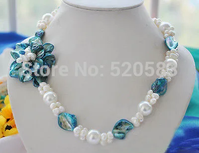 

19" 14mm white round baroque pearl blue shell flower necklace