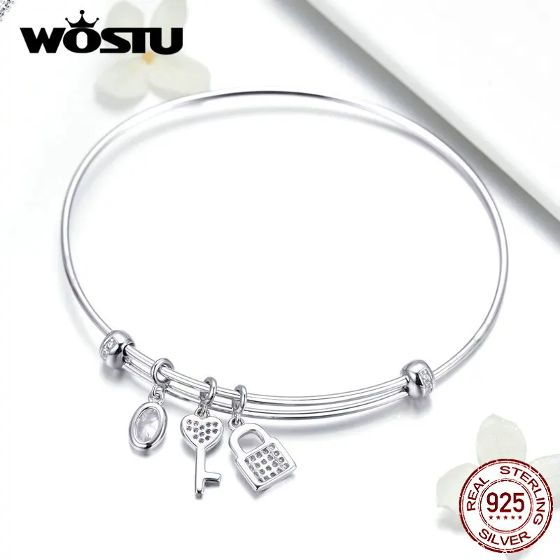 

WOSTU 2019 Love Key Lock Bangle Bracelets 925 Sterling Silver Clear CZ Charm Bracelets For Women Wedding Jewelry Gift FIB119