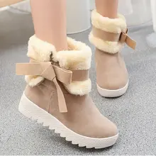 Fashion Winter Leather Women Snow Boots Sweet Girl Bow Balls Flat Heels Round Toe Warm Fur Mid-calf Boots zapato mujer S-6091501