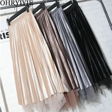 OHRYIYIE/женские юбки из тюля, винтажная длинная бархатная юбка, Женская плиссированная юбка с высокой талией, женские Лоскутные макси юбки WS218