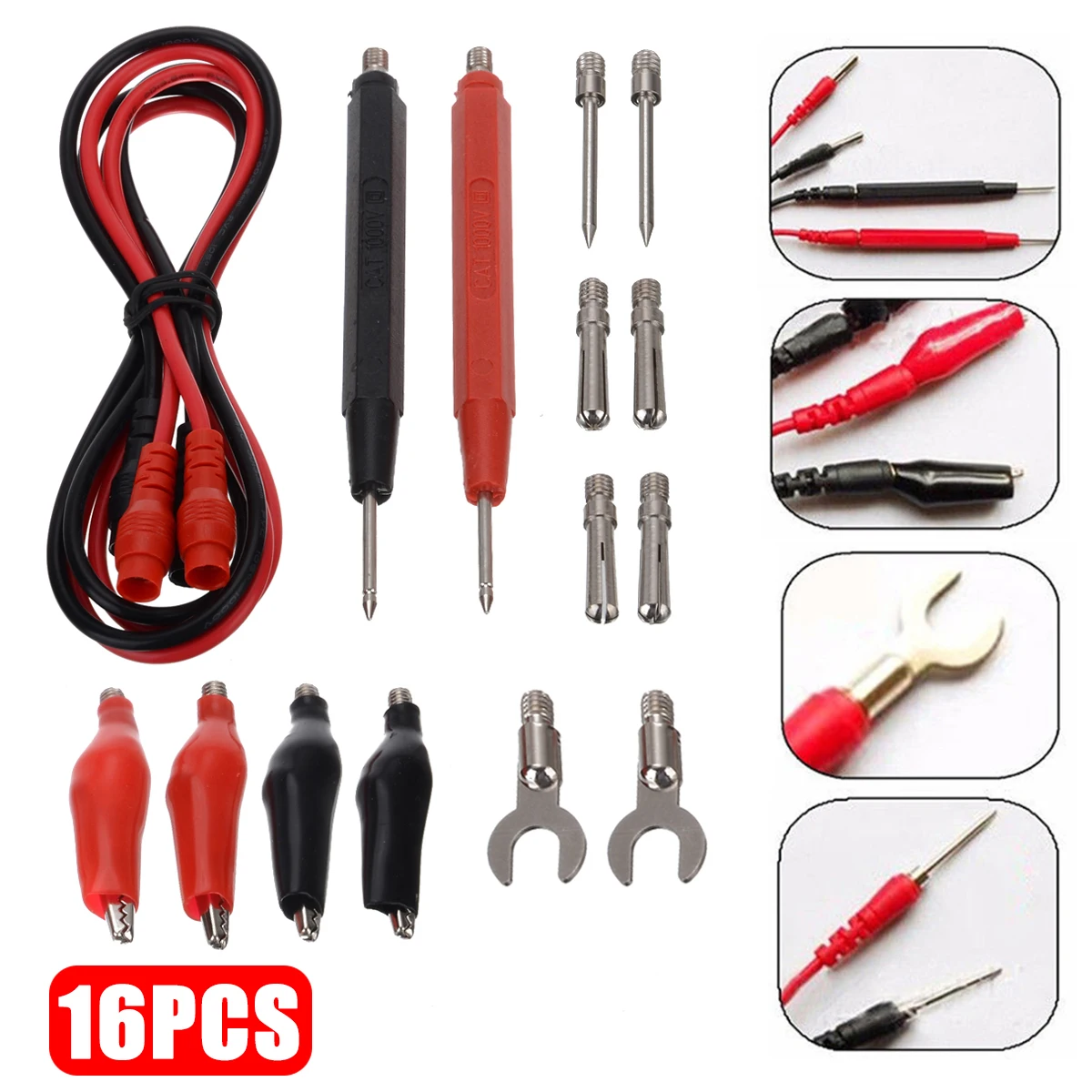 16Pcs Multimeter Test Lead Pen Voltage Meter Cable Multifunction Digital Test Probe + Crocodile Clips + Spade Connectors Kit