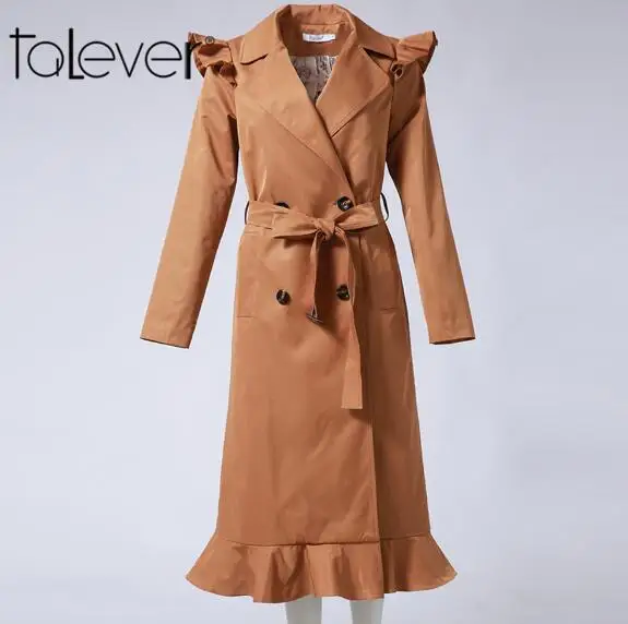 Talever Ruffle Trench Coat Women Outerwear Coats Autumn Sash Pocket