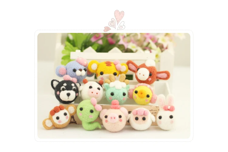 12 Zodiac cartoon animal set wool needlepoint kit tiger with keychain wool felt needle felting hand craft needlecraft DIY