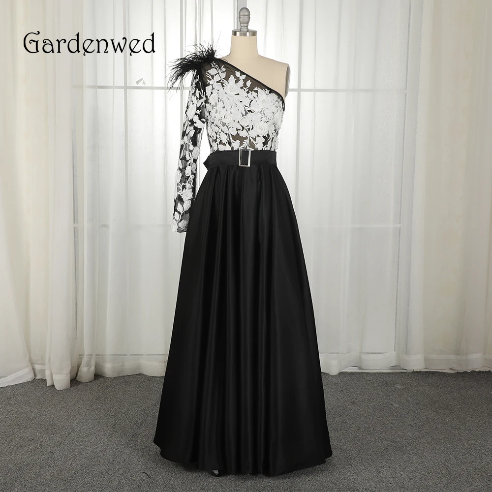 

Gardenwed 3DFlowers Evening Dress 2019 Black White Feathers One Shoulder Belt Sash Satin Tulle Formal Prom Dresses abendkleider
