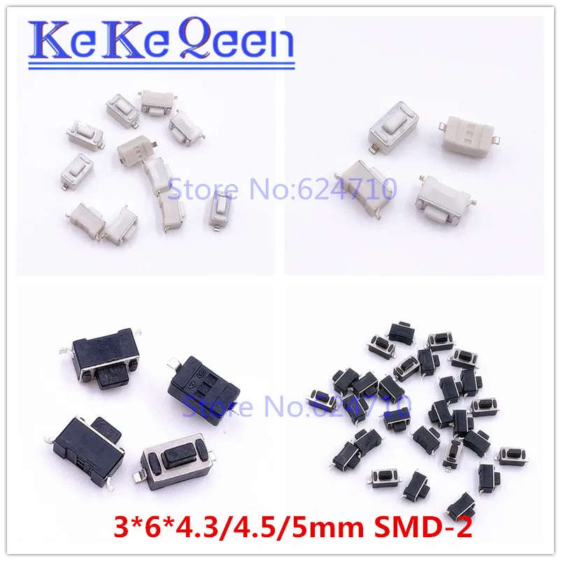 

100Pcs SMD 2PIN 3*6*4.3mm 3*6*4.5mm 3*6*5mm Tact Switch 3x6x4.3/4.5/5mm connectors Push button Tactile Switch SMD-2 white black