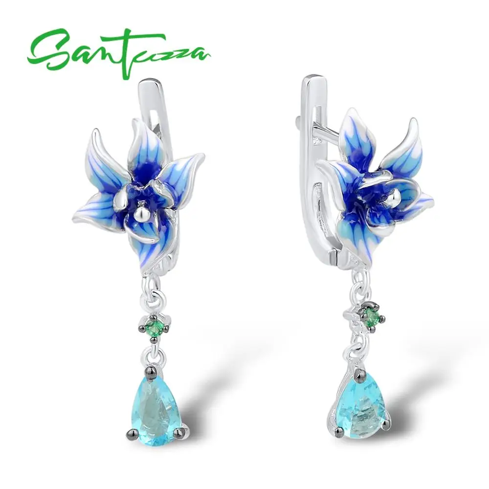 

SANTUZZA Silver Flower Earrings For Women 925 Sterling Silver Dangle Earrings Long Silver 925 Cubic Zirconia brincos Jewelry