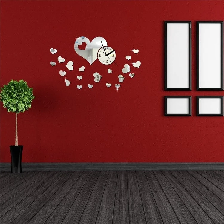 

NEW ART DIY acrylic heart and round wall mirror clock sticker , 3D mirror clock sticker modern design